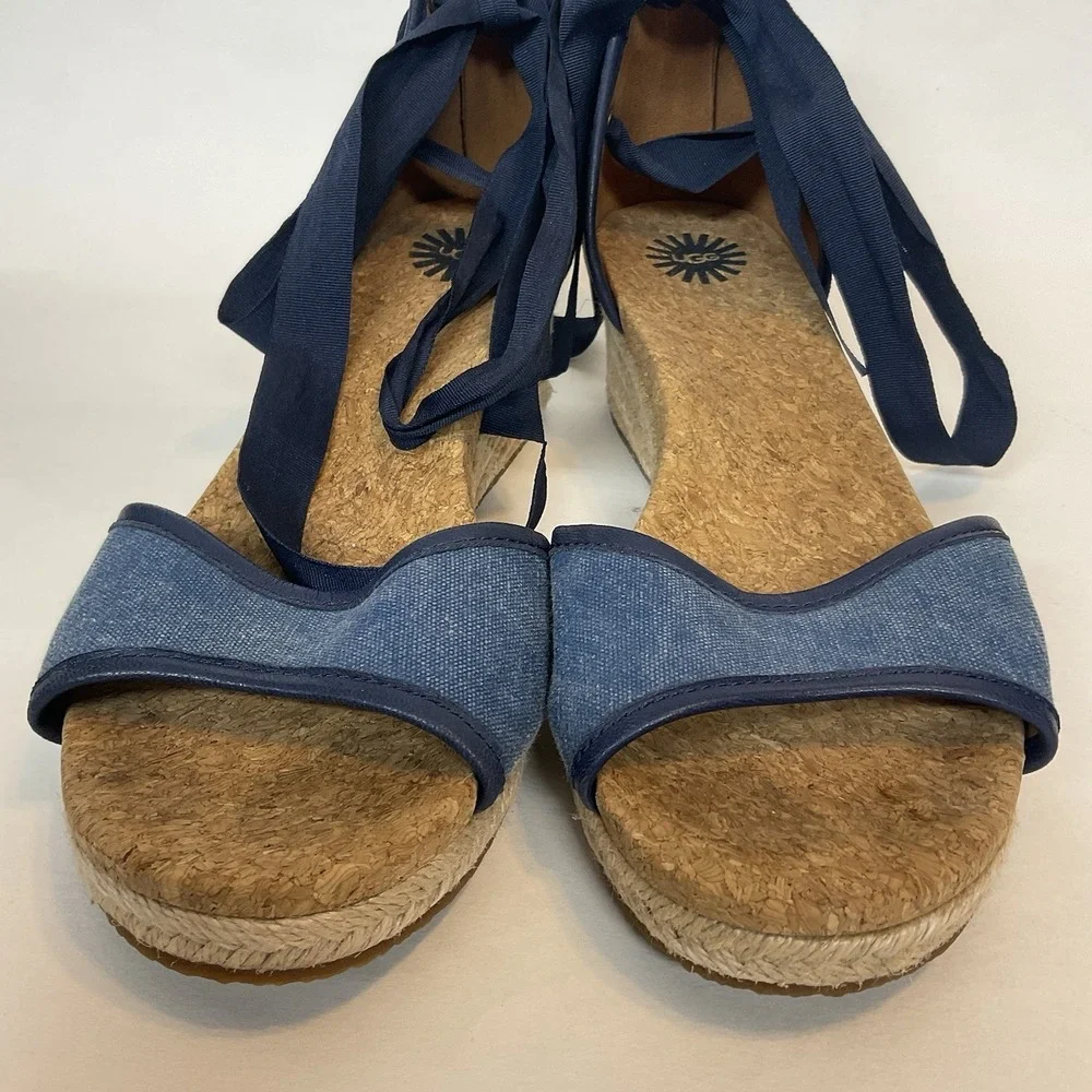 Ugg Amell Espadrille Lace Up Cork Wedge Sandals Open‎ Toe Shoes 9,5 Denim Blue